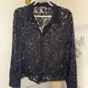 Vince Camuto Sheer Black Lace Button-Up Blouse – Size Large